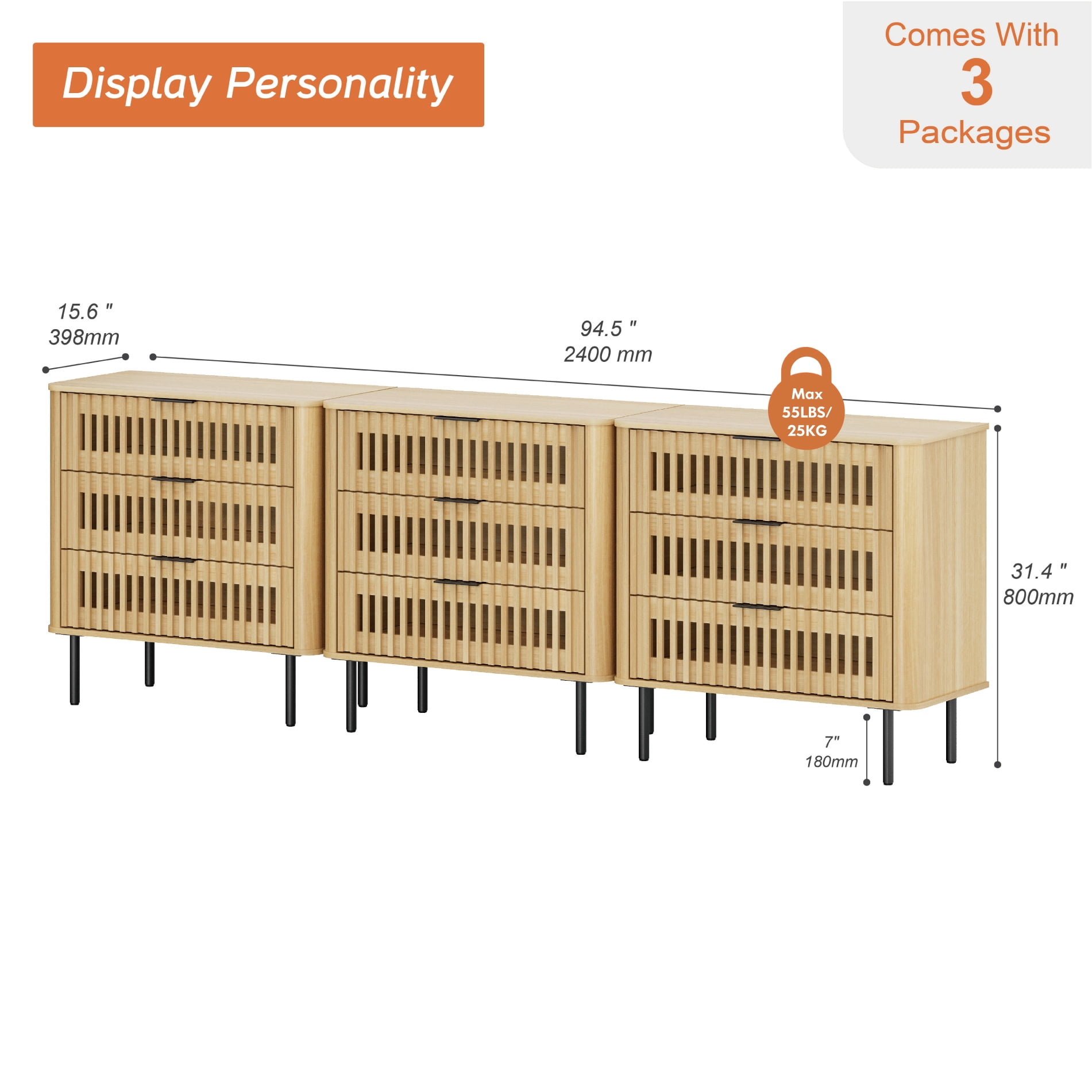 94.5"W Sideboard Buffet Cabinet with Storage, Fluted Kitchen Buffet Storage Cabinet with 9 Drawer, Large Coffee Bar Cabinet, Modern Buffet Table for Dining Living Room, Oak