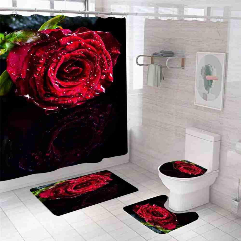 4 Pcs Bathroom Shower Curtain Set, Shower Curtain Valentine's Day Shower Curtain Sets with Rugs
