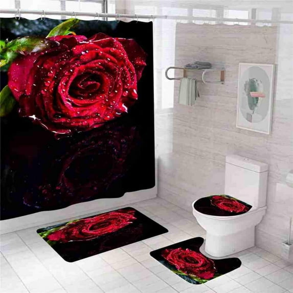 4Pcs Set Valentines Day Shower Curtain, Romantic Gnome Couple Red Heart Print Bathroom Curtains, Decorative Fabric Bath Curtain With Hooks Sets