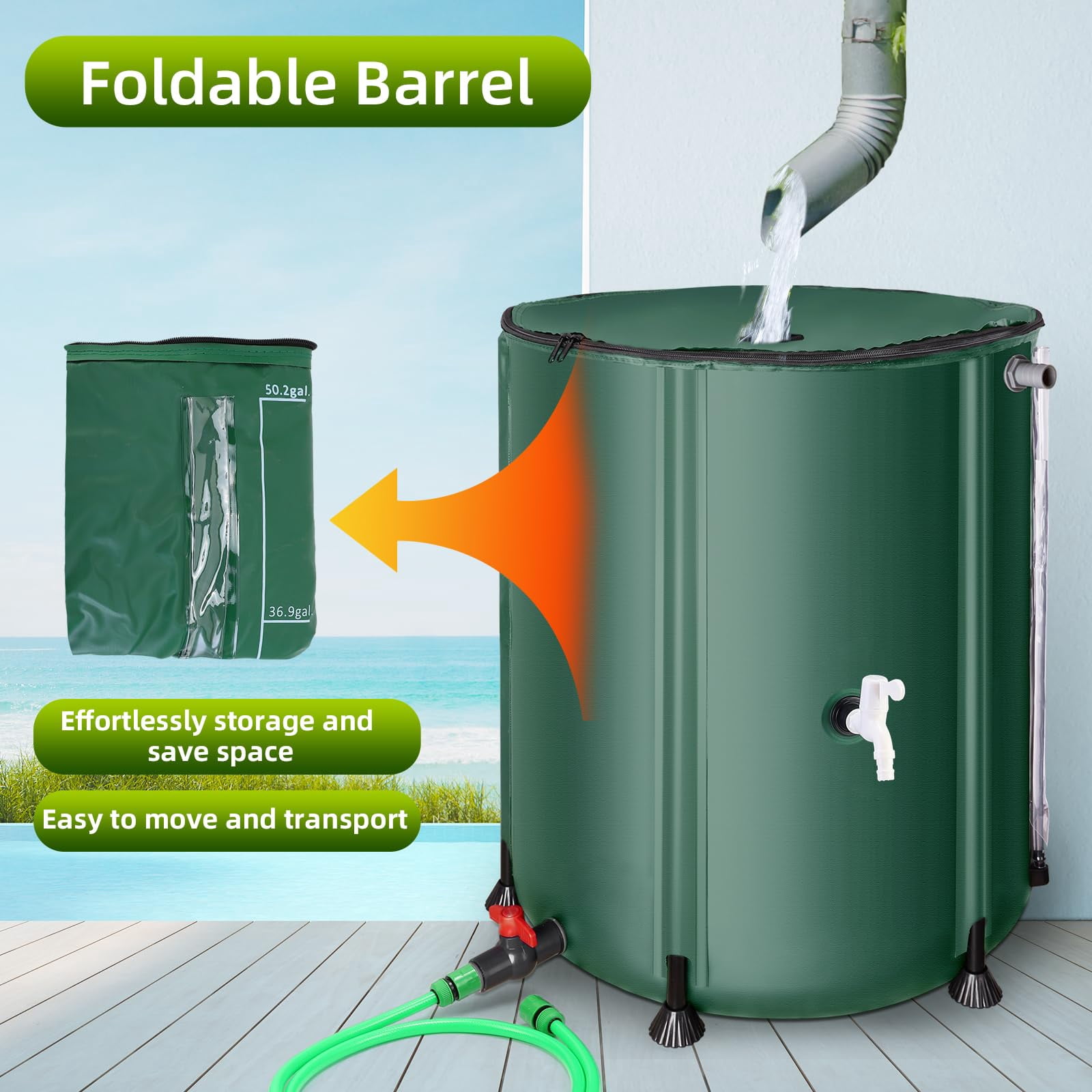 Collapsible Rain Barrel 53 Gallon Rainwater Collection Storage Tank with Garden Hose
