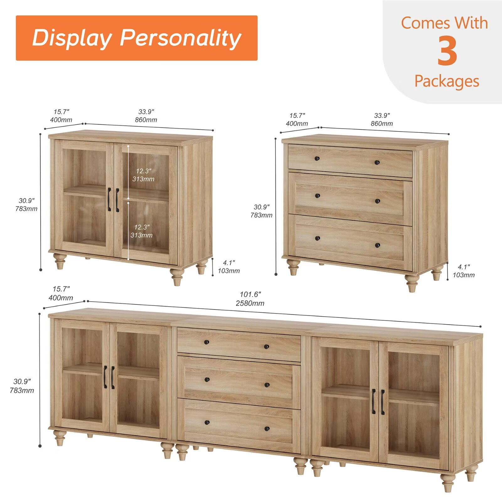 TV Stand for 100-Inch TV, 3-in-1 TV Console Table for 75/80/85/90-Inch TVs, Entertainment Center with Glass Door & Drawer, Oak Kitchen Sideboard Buffet Cabinet for Dining Room