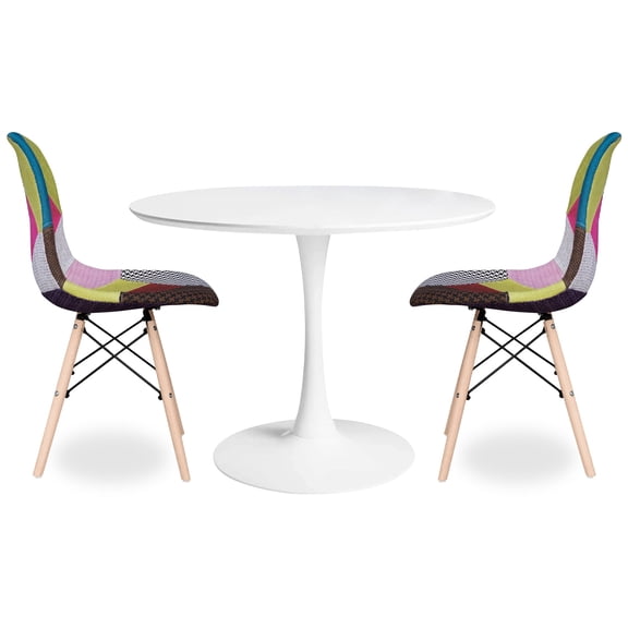 Modholic Tulip 36" Round Wood Dining Table & Set Of 2 Wood Leg Chairs, Multi Colour