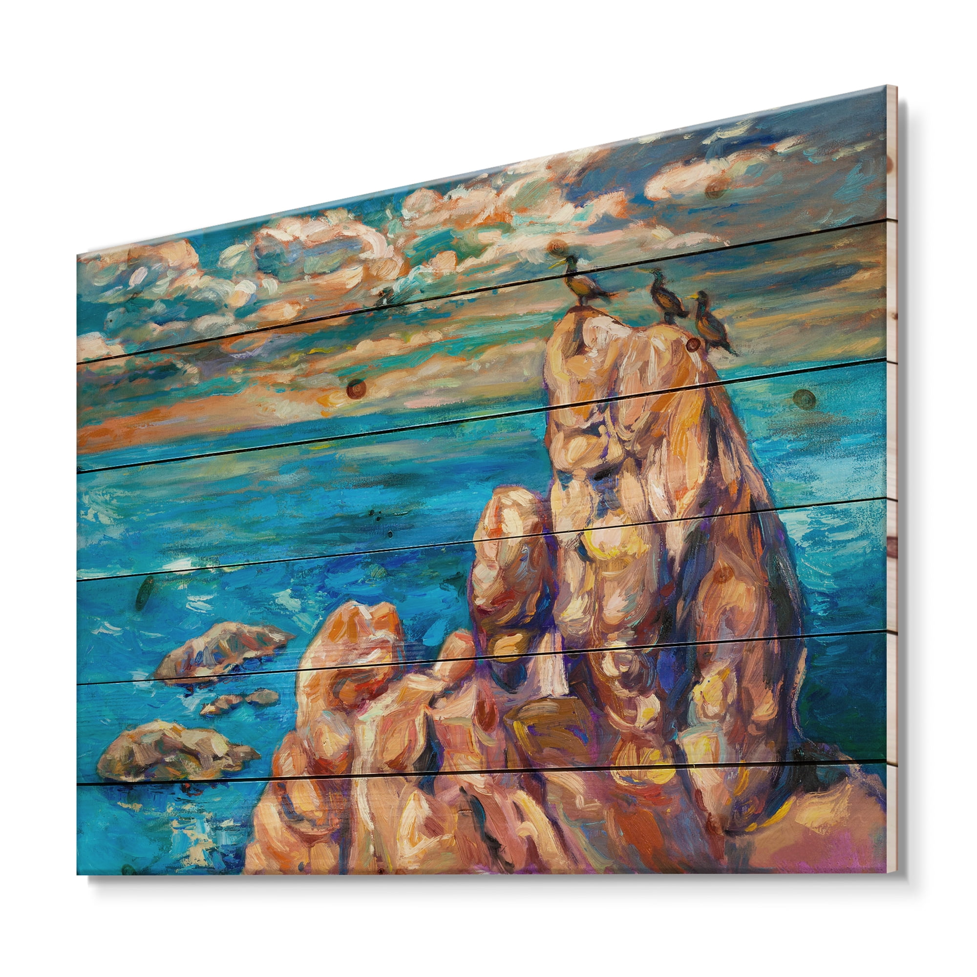 Designart 'The Blue Ocean By Rocky Cliffs I' Nautical & Coastal Print on Natural Pine Wood