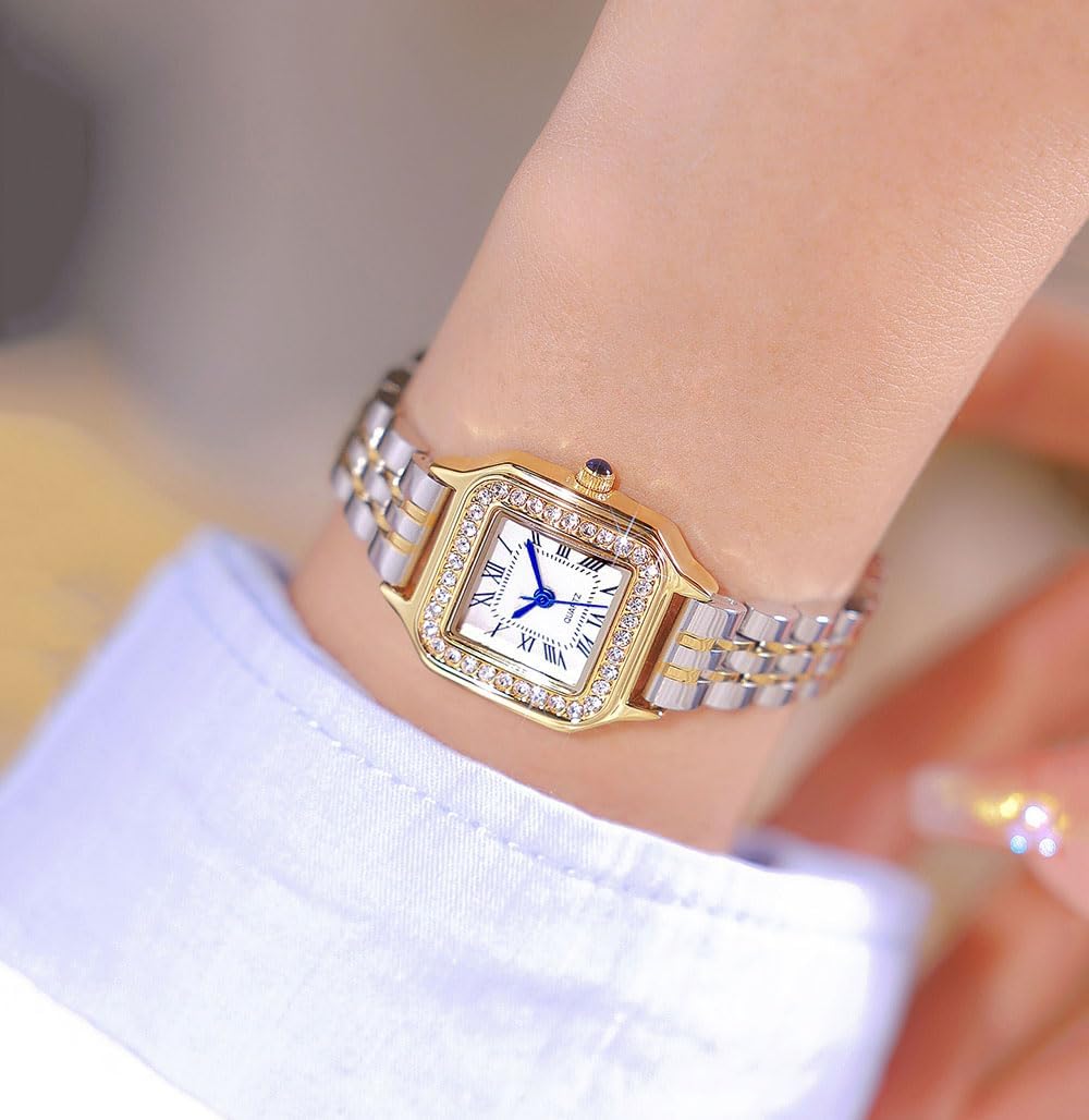 Gold Watches for Women Dainty Square Vintage Watches Luxury Ladies Diamond Accent Dress Stainless Steel Bracelet Watch Analog Quartz Waterproof Watch