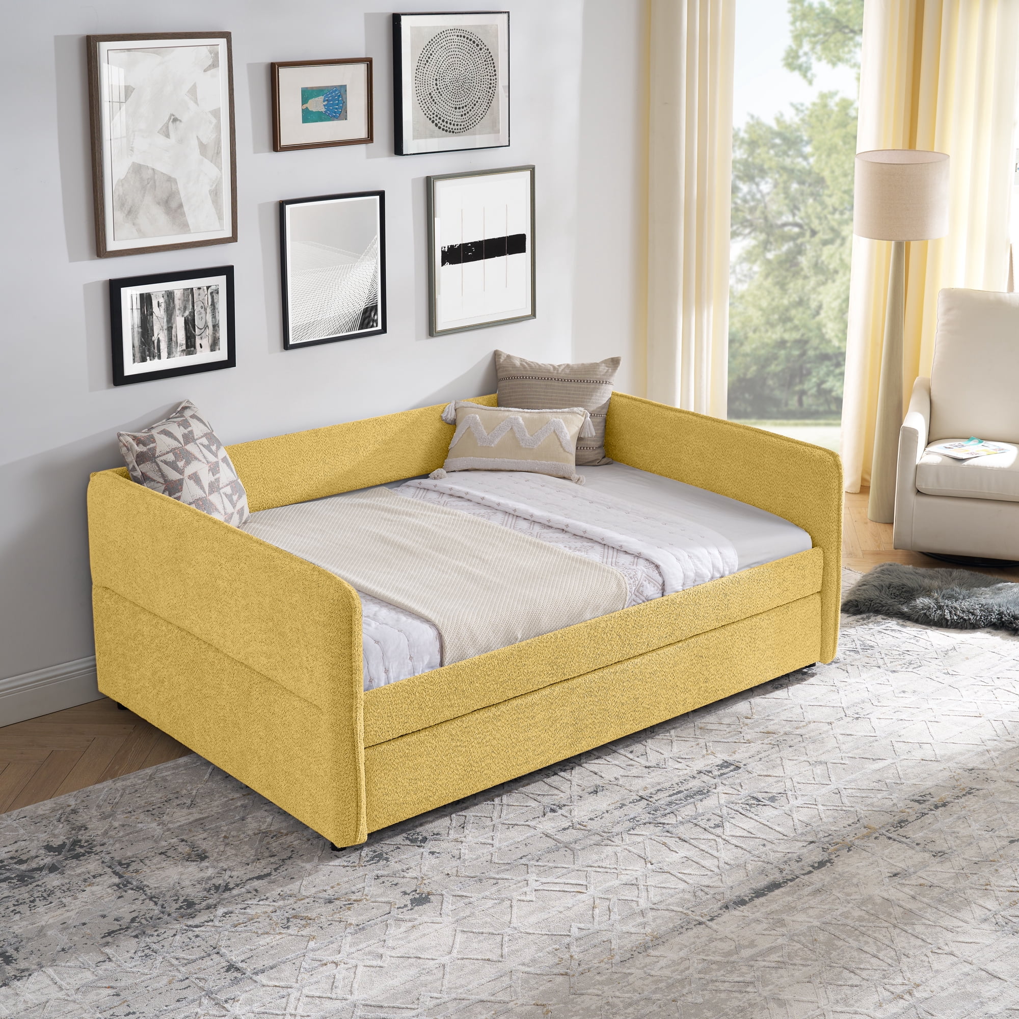 Mintazer Full Upholstered Daybed with Trundle, Boucle Fabric Sofa Bed for Living Room & Bedroom, Yellow