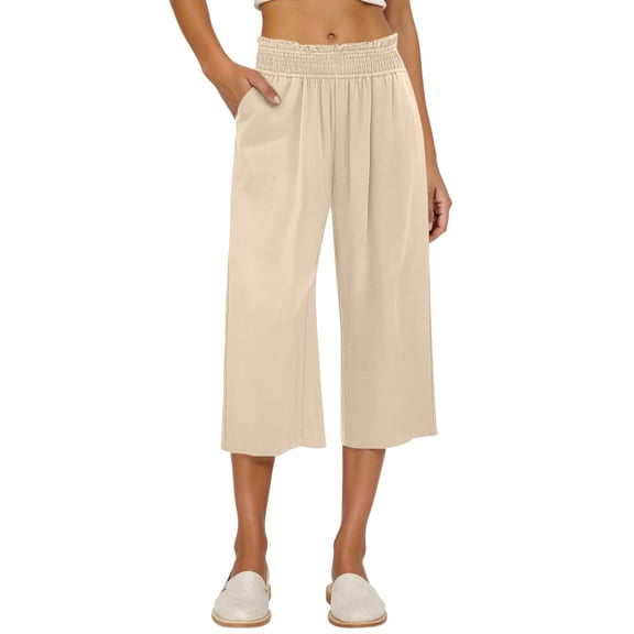 Lixiuxyad Loose Casual Pants Women's Solid Color Wide Leg Pants High Waisted Drawstring Pocket Cropped Casual Pants Beige