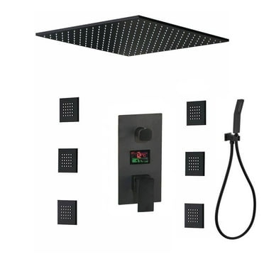 Grolta matte black ceiling mounted 20 inch s rain head 3 way digital display anti scald shower system - 7'6" x 10'9"