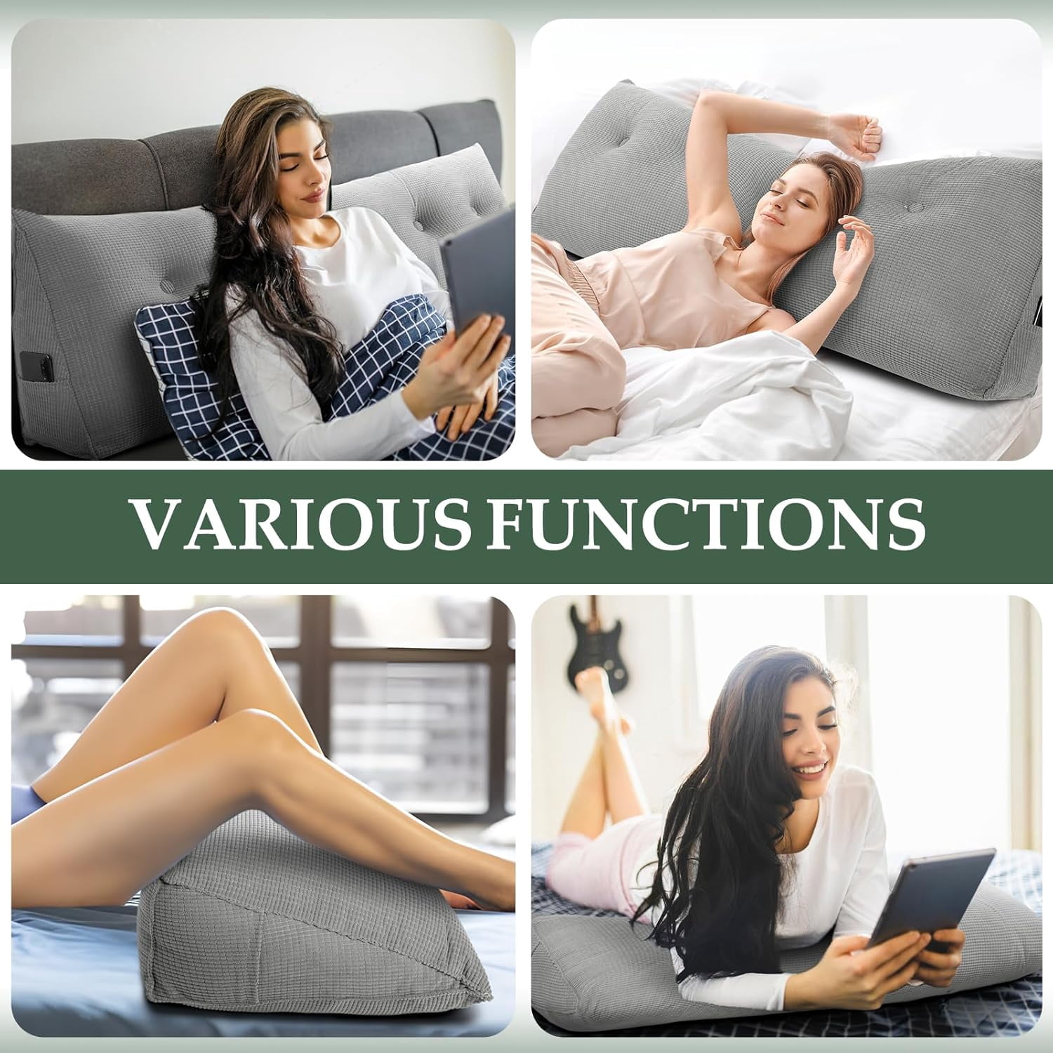 Soft Headboard Pillow Full Size, Wall Backrest Wedge Pillow Headboard Full, Reading Backboard Pillows, Large Dorm Daybed Bolster Pillows for Back Support with Removable Cover, Gray