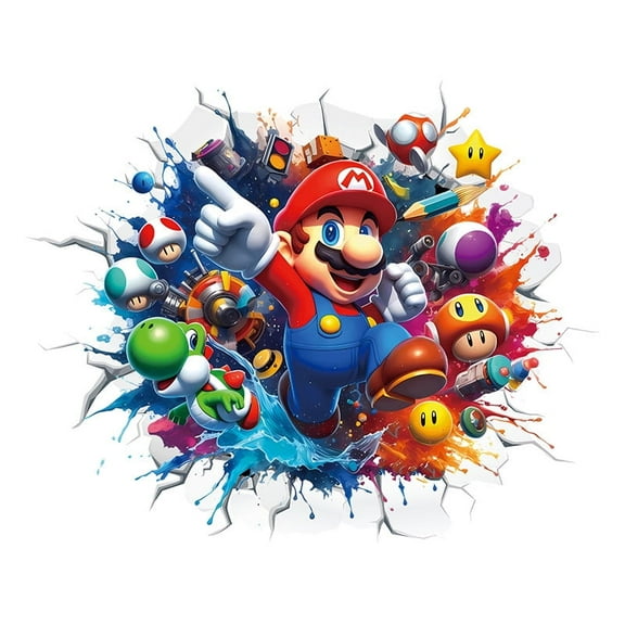 Anime New Game Mario Flies Off The Wall 3D Break Stickers for Living Room Kids Decor Boys Girl Gift Bedroom Poster Mural Wallpaper Removable PVC (20.6X16in)