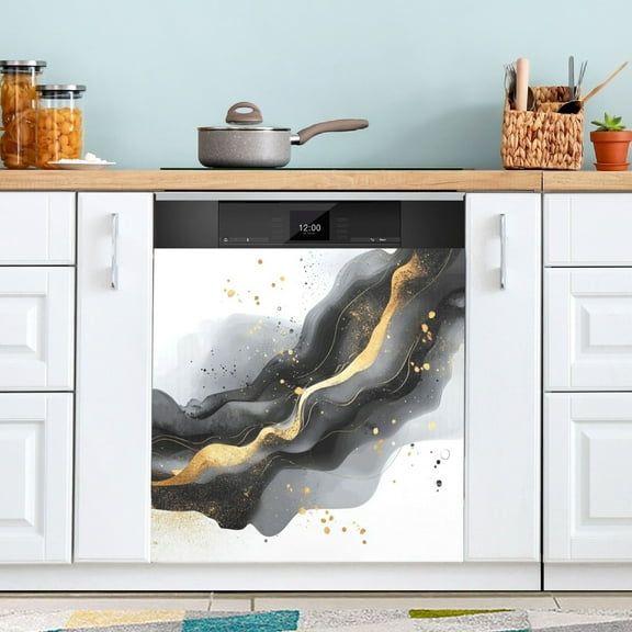 Dishwasher Sticker Dishwasher Cover Magnet Refrigerator Home Decorative Art Kitchen Panel Decal Black and Gold Shapes 23x26 Inch
