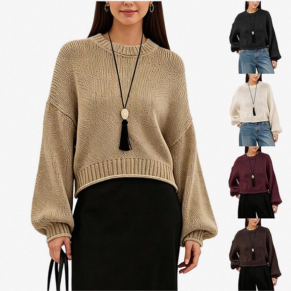 Teylalorva Women's Sweater Crew Neck Plain Long Sleeve Knit Pullover Essential Basic For Closet Khaki Size M