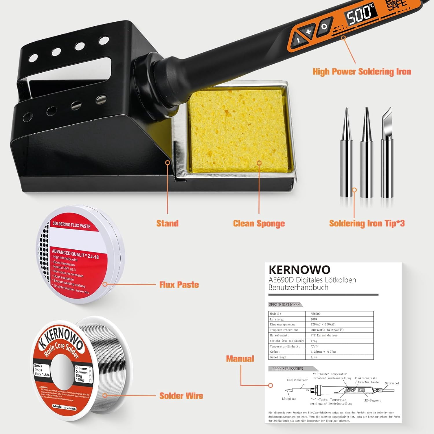 Soldering Iron, 160W Soldering Tool, LED Display Temperature Control Accurate 392°F-932°F, with ON/OFF Switch, 3 Iron Tips, Stand,Flux, Automatic Sleep Mode
