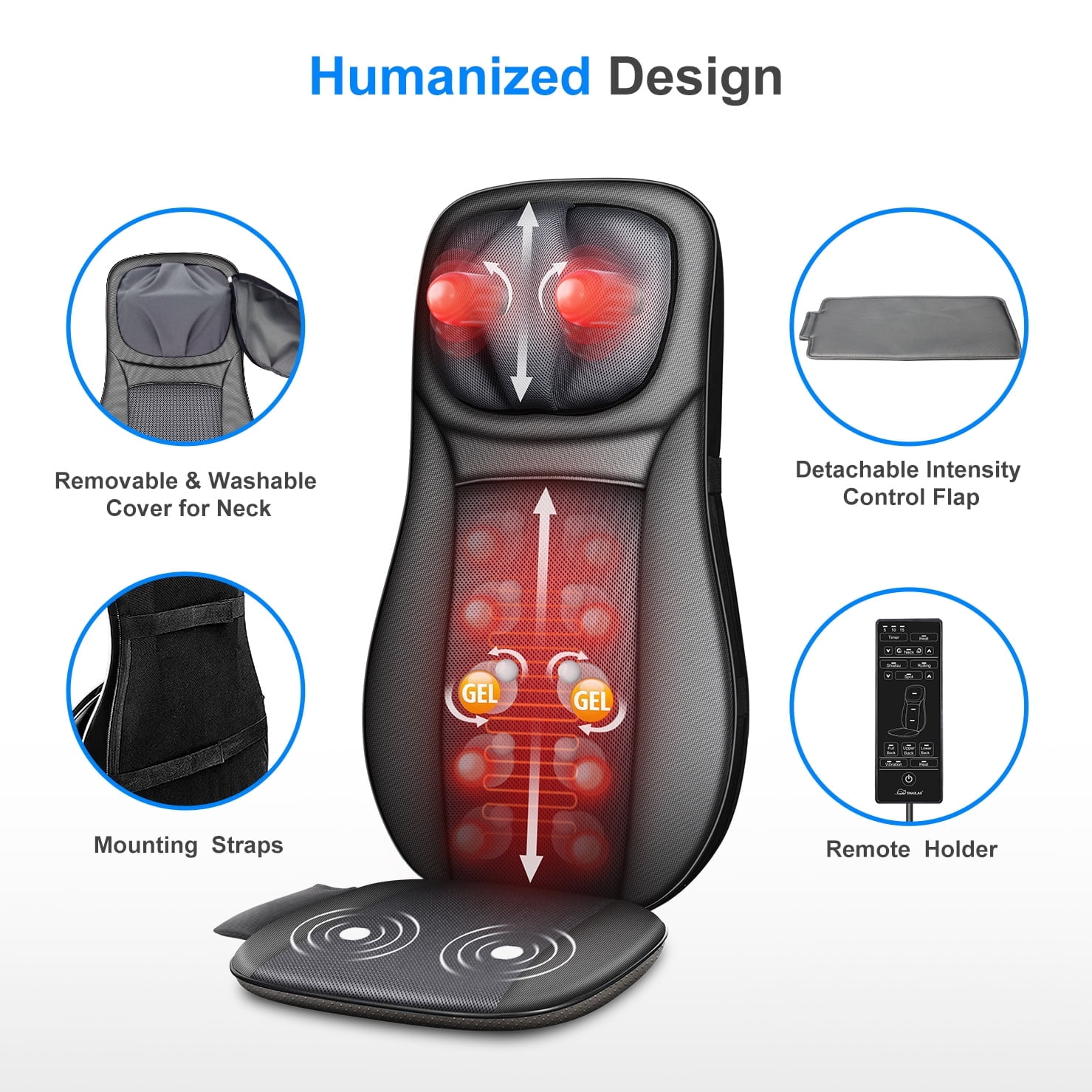 Snailax Shiatsu Back Massager with heat, Adjustable Height Seat Cushion Massager for Back Neck, Gift