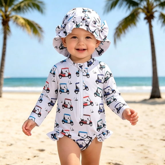 REDARER Girls Golf Cart Rash Guard Set, Long Sleeve One Piece with Matching Sun Hat,12-18 Months