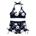 thumbnail image 3 of qucoqpe Two Piece Bikini Sets for Women Fashion Floral Print High-Waisted Bathing Suits Halter Bra Swimwear with Ruched Boyshorts‌, 3 of 6