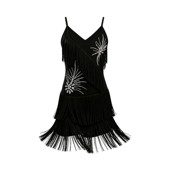 FYDUU Kids 1920S Flapper Dress for Girls Spaghetti Strap Latin Dance Dress Sleeveless Tassel Sequin Fringe Dresses Performance Clothes 18-24 Months