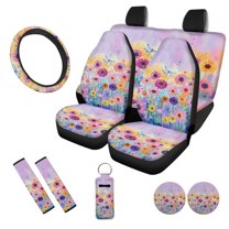 Uorisanigo Colorful Flowers 10 Pcs Automobile Seat Cover Sets with Soft Comfortable Car Steering Wheel Cover Car Seat Belt Pad Cover and Water Cup Pad Chapstick Holder Suitable for Cars, SUV