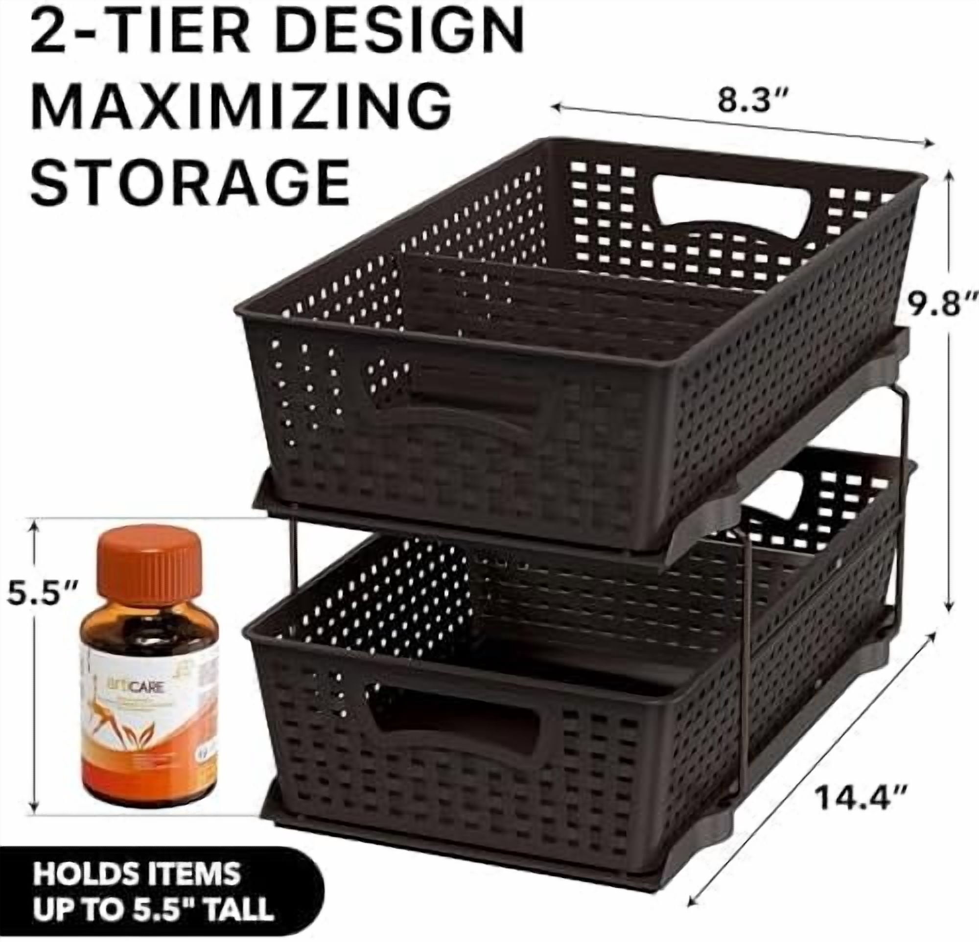 2 Tier Bathroom Organizer Tray Pull-Out Sliding Drawer, Under Sink Storage, Brown