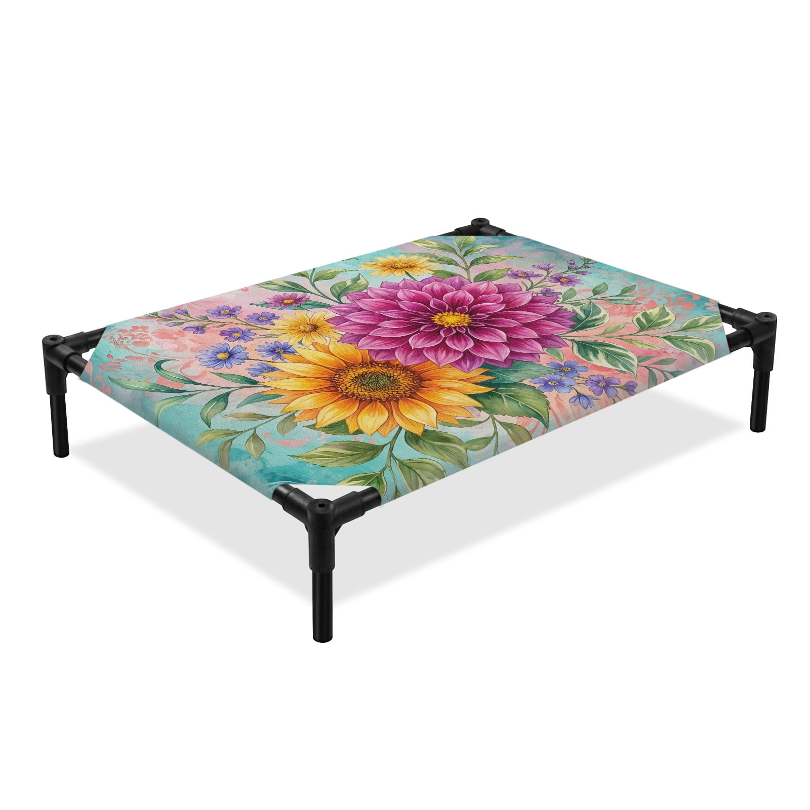 Sunflower Dahlia Elevated Dog Bed Pink Purple Floral Yellow Flower Farmhouse Cooling Breathable Outdoor Raised Dog Cot Bed with Metal Frame Non-Slip Feet for Medium Dog 24x20in