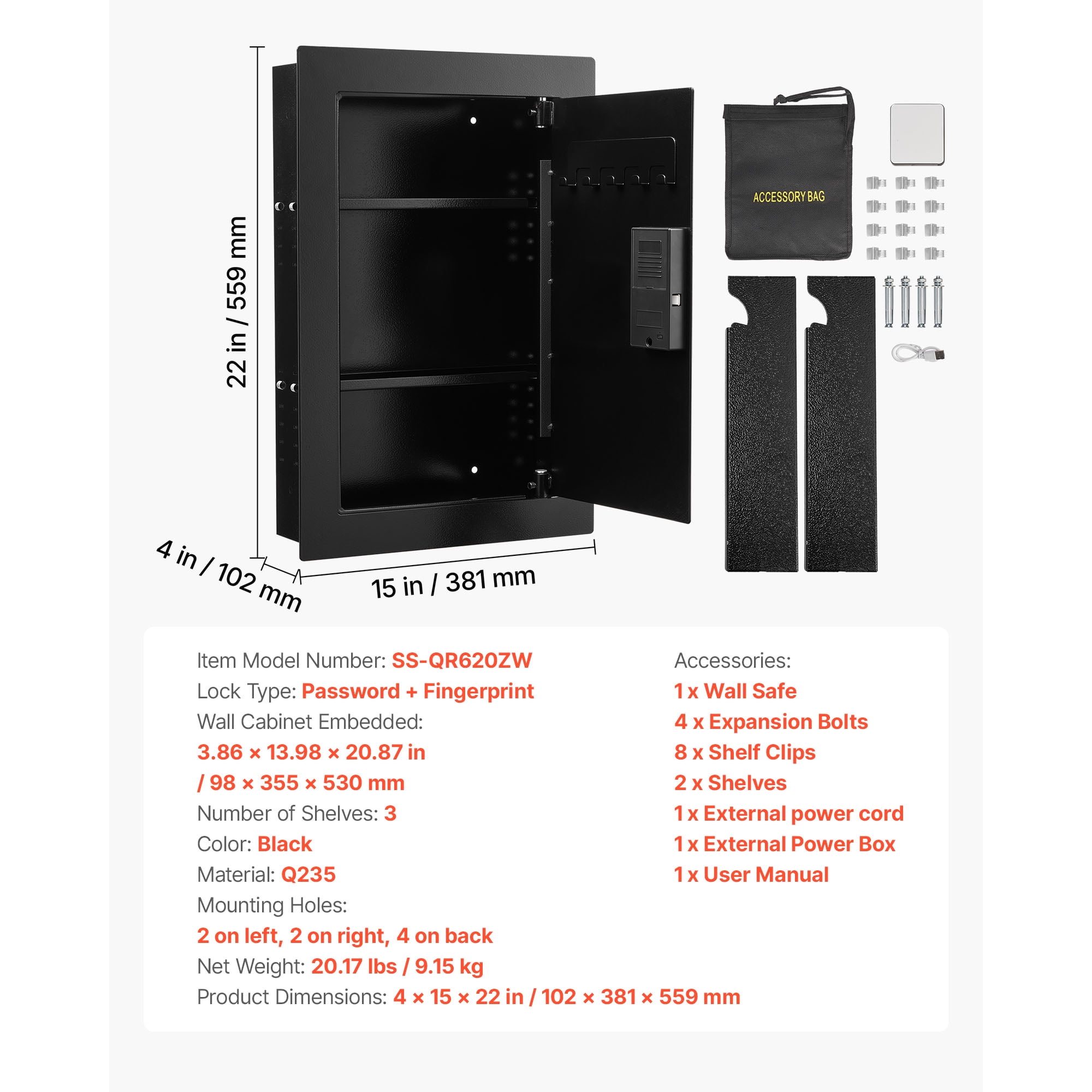 KFFKFF 3-Tier Hidden Wall Safe with Fingerprint Access, Password, Key, and Turning Knob, Durable Steel Construction with Adjustable Shelves and Key Holders for Secure Storage of Valuables
