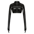 thumbnail image 5 of Zaldita Women's Shiny Leather Crop Top Mock Neck Long Sleeve with Gloves Front Hollow Out Rave Party Black S, 5 of 7