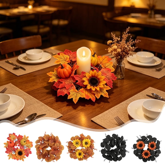 Fall Candle Rings Fall Decorations for Home Thanksgiving Decorations Artificial Sunflower Maple Leaf Candle Wreath for Table Centerpiece by MPOISVA