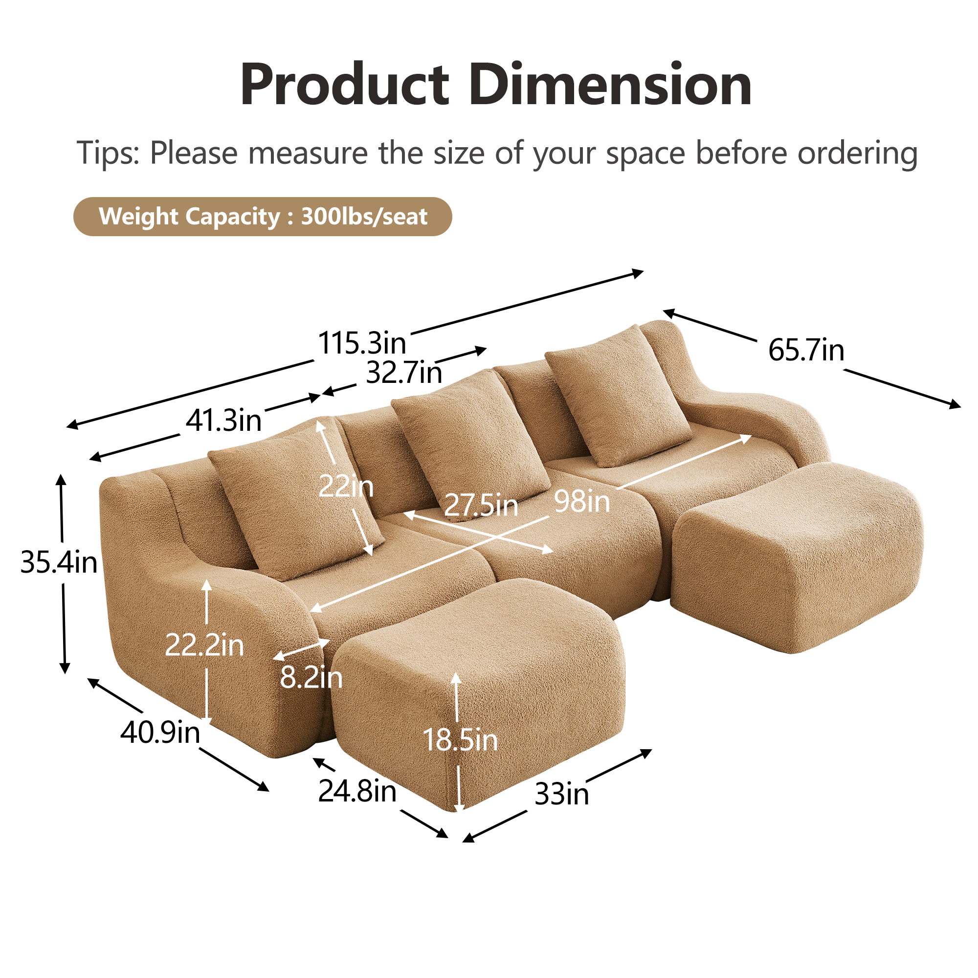 Alvantor Sectional Sofa with Reversible Ottoman U-Shaped 115" W 3-Seater Teddy Boneless Couch Modern Deep Seat Cloud Sofa for Living Room Camel