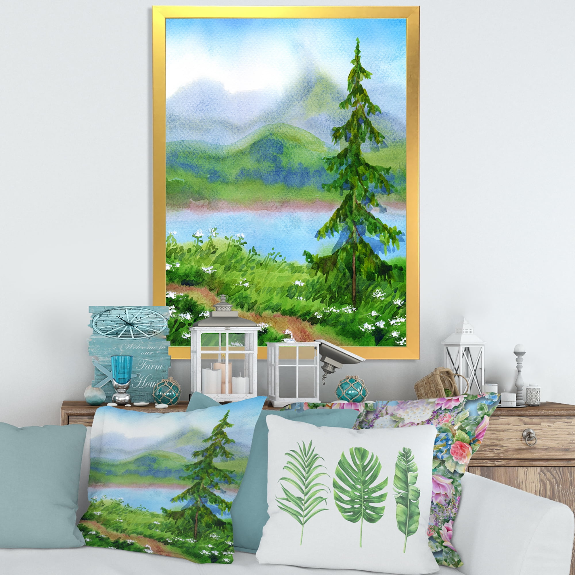 Designart 'Landscape River Spruce Near The Trail On A Hill' Traditional Framed Art Print