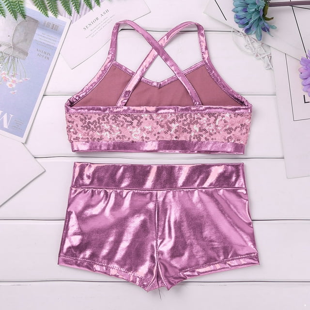 iiniim Girls' Kids 2-Piece Active Set Dance Sport Outfits Racer Back Top and Booty Short Gymnastics Dancing Clothes Pink Sequins 10