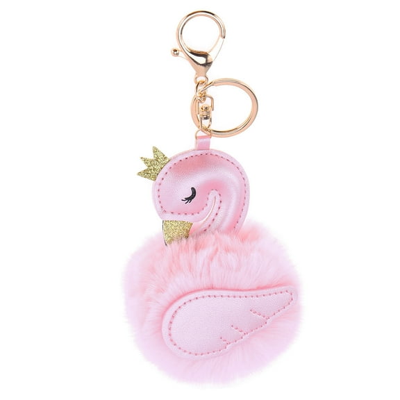 HEMOTON Cartoon Swan Shape Fluffy Ball Keychain Keyring Bag Hanging Pendant Ornament (Pink)