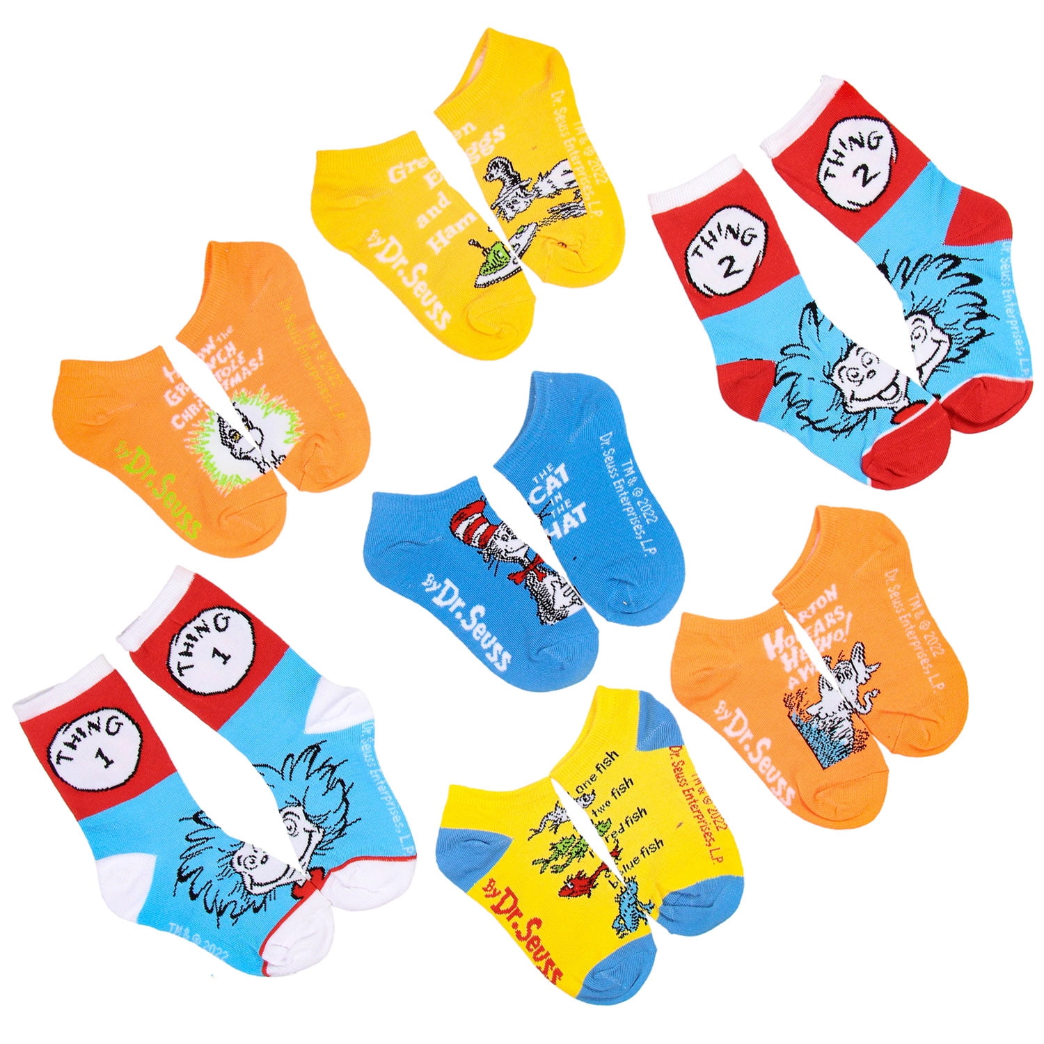 Dr. Seuss Book Titles and Characters Kids Week Of Socks Box Set Crew and Ankle Mix And Match 7 Pairs