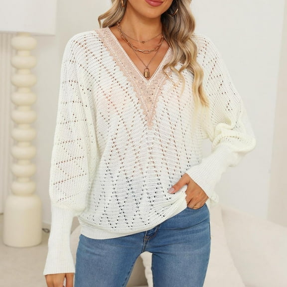 lmcalzta Sweaters for Women Hollow Cable Knit V Neck Pullover Tops Long Sleeve Casual Trendy Blouses