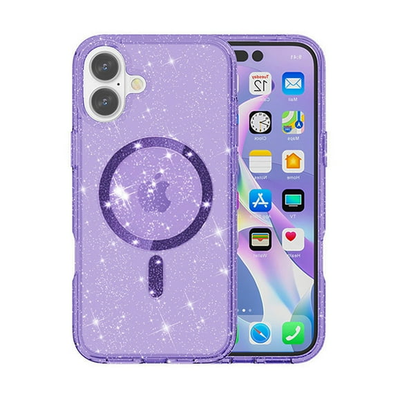 Glitter Magnetic PC & TPU Case for iPhone 17 with Tempered Glass Screen Protector - Purple