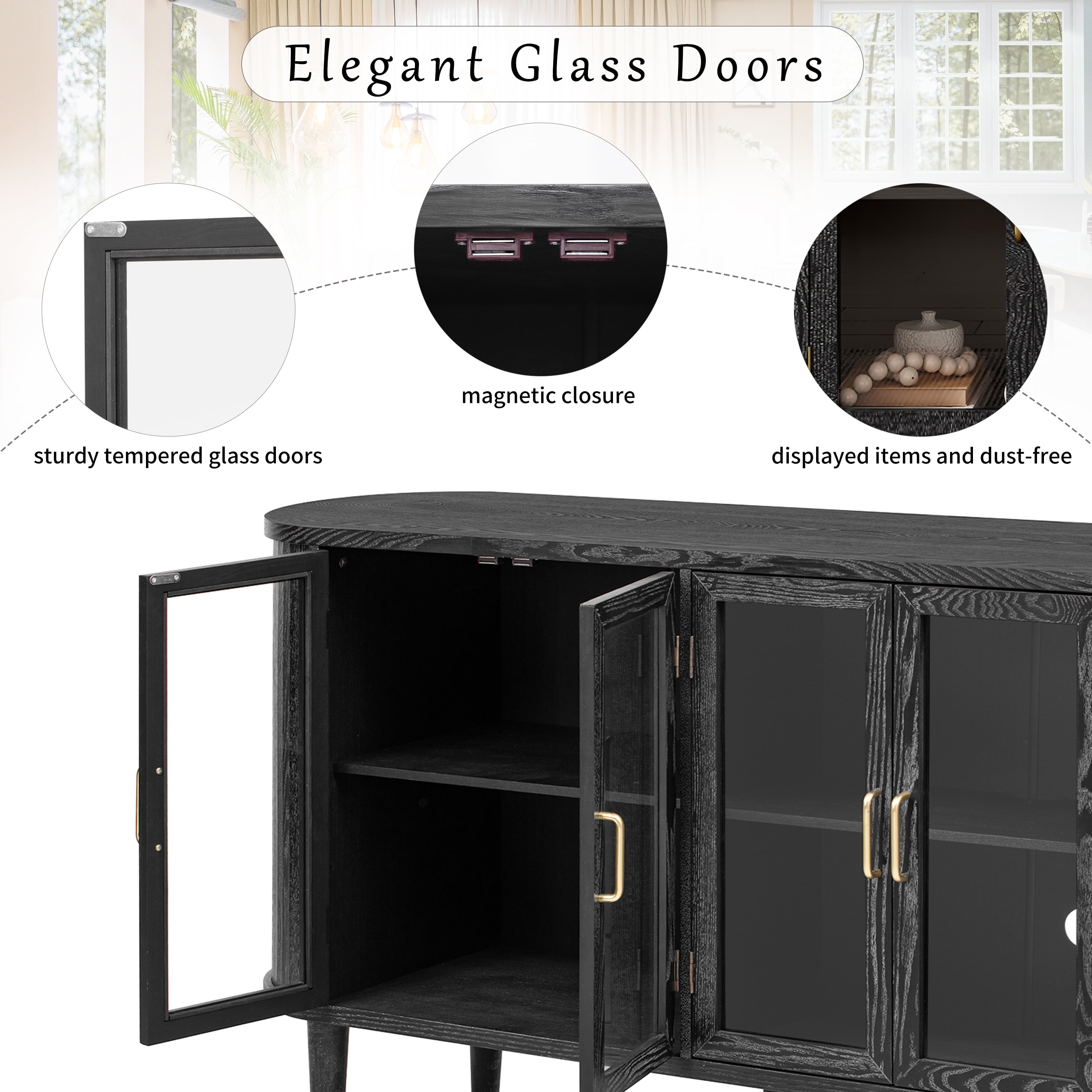 Euroco Farmhouse Sideboard Buffet Cabinet with Storage,60" Wood Coffee Bar Cabinet with Glass Doors & Adjustable Shelves for Kitchen Dining Room,Black