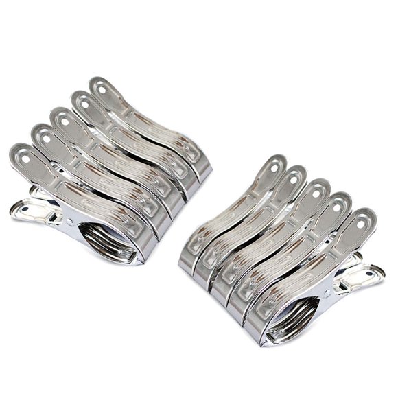 FOMMEN Pinzas para ropa resistentes para exteriores, paquete de 10 clips grandes de acero inoxidable para colchas, clips para toallas de playa, abrazaderas para cortinas, ropa de metal con punta de go