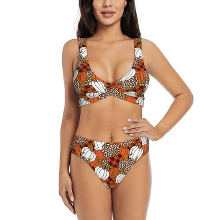 Zeuib Various Pumpkins High Waisted Tummy Control Bikini Set - Knot Front Push Up Top & Cheeky Thong Bottom  Two-Piece Swimsuit for Women-Large