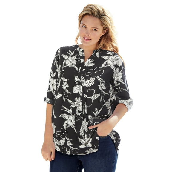 Woman Within Plus Size Rayon Three-Quarter Sleeve Effortless Tab-Front Blouse