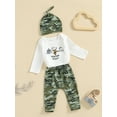 thumbnail image 5 of Baby Toddler Boy Fall Outfit, 0 3 6 12 18 Months Letter Print Long Sleeve Romper Elastic Waist Camouflage Pants Hat 3 Piece Christmas Clothing Set, 5 of 9