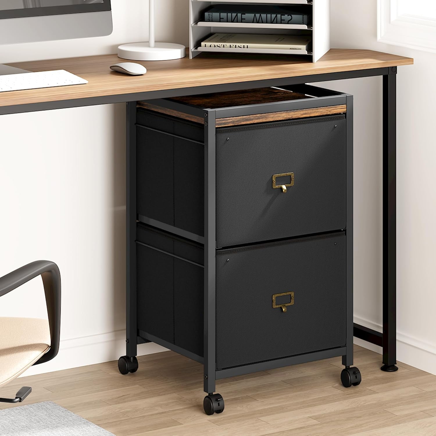Mobile File Cabinet with Drawers & Wheels, Fabric Vertical File Cabinet with Open Storage Shelves
