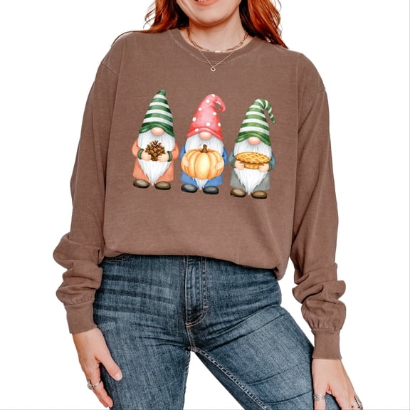 Fall Three Gnomes - Women's Garment Dyed Long Sleeve Graphic T-Shirt