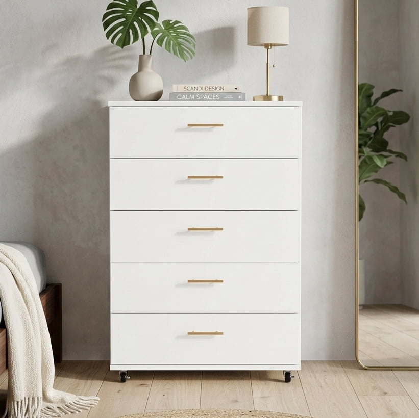 Aukfa 5 Tall Drawer Dresser Wide Chest of Drawers for Bedroom Entryway Living Room,White