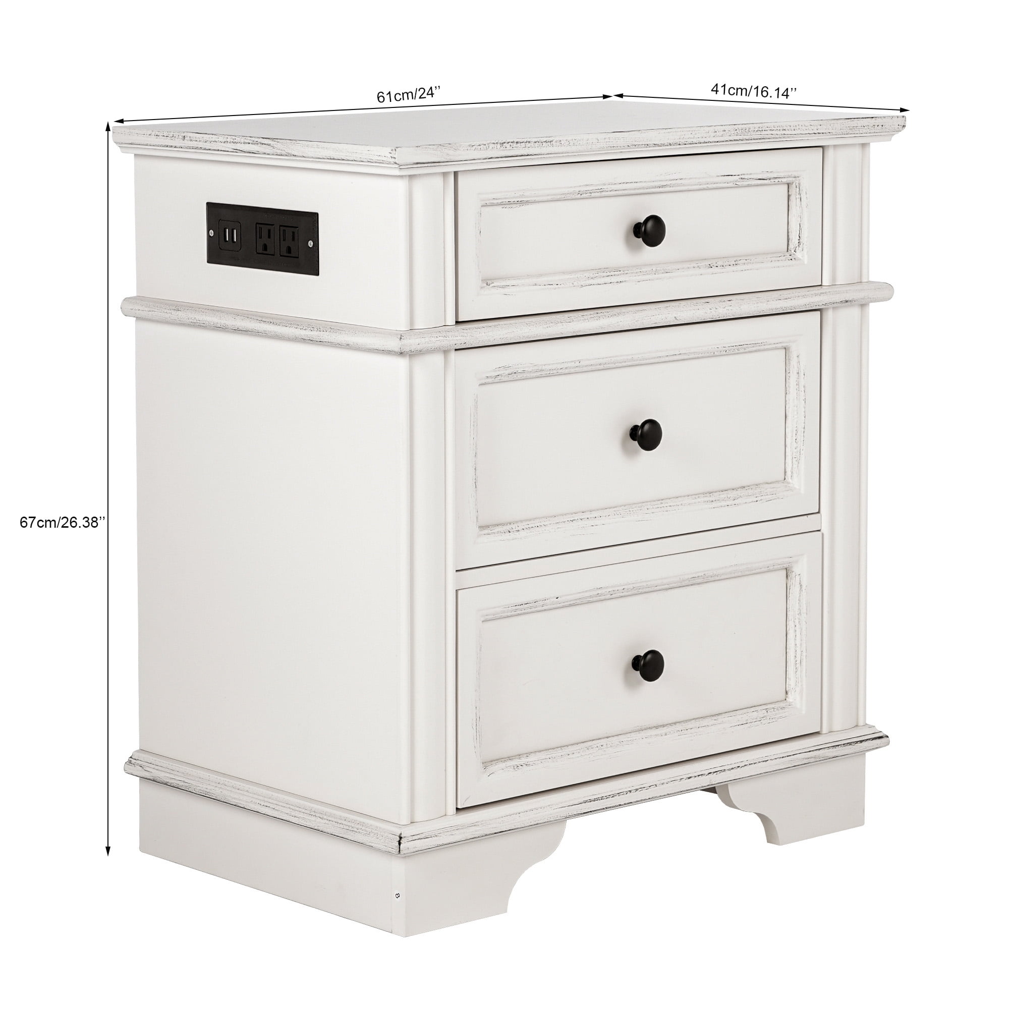 Zimtown Nightstand with Charging Station for Bedroom, Solid Wood End Side Table with 3 Drawer, Antique White