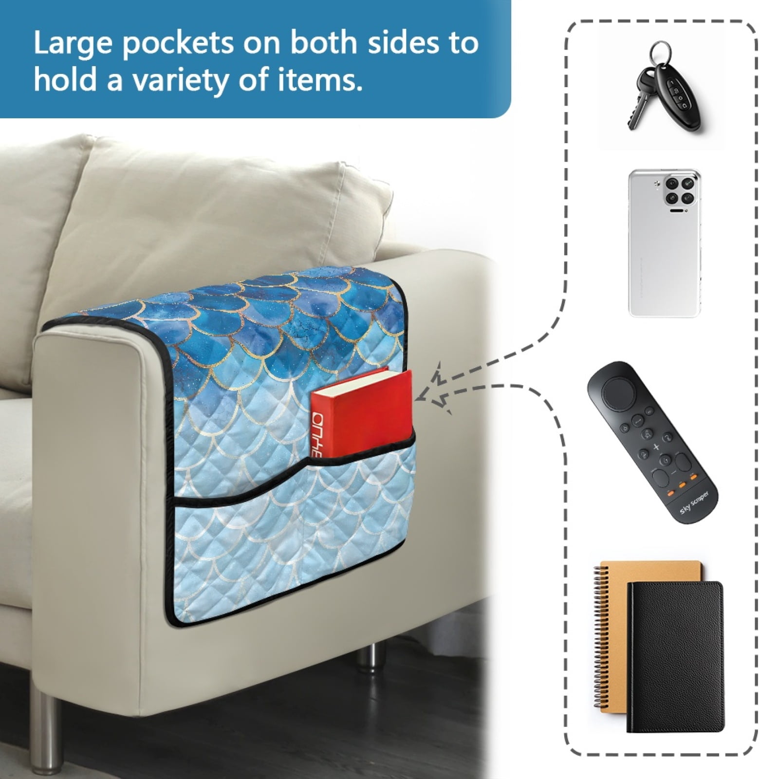 TSOVTHRID Blue White Mermaid Scales Glitter Print Couch Arm Covers with 2 Side Storage Pockets, Anti-Slip Armrest Cover for Sofa, Chair, Loveseat, Recliner Arm Covers