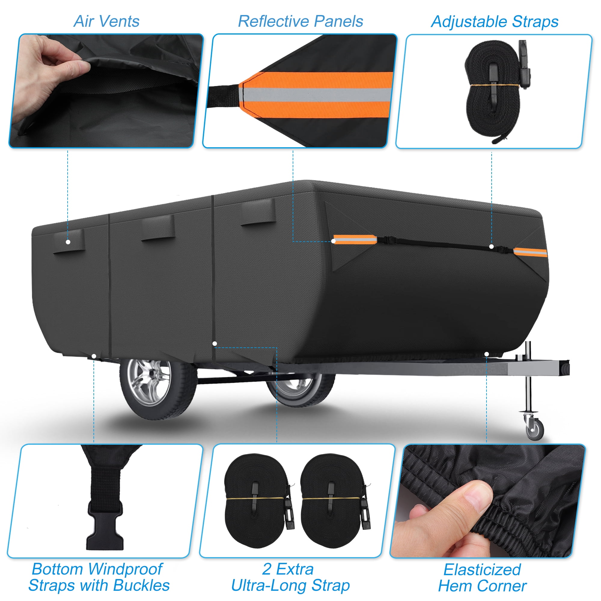 Unique Bargains Pop-up Camper Trailer RV Cover with Straps Vents Black 208" x 86" x 43"