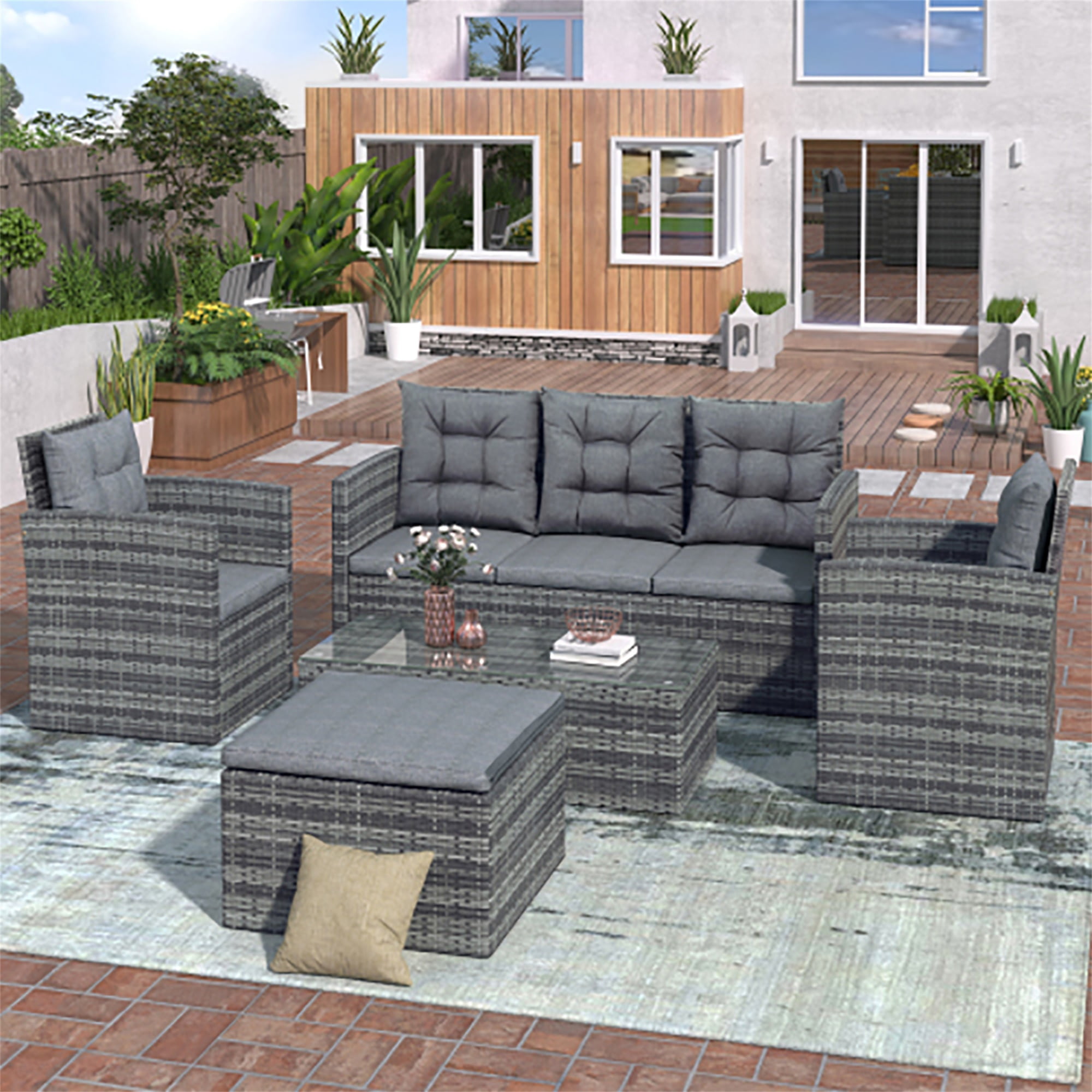 YYAo 7 Seating Outdoor Patio Furniture Sectional Sofa Set, All-Weather Couch with Glass Table, Ottomans for Backyard Porch Poolside with Storage Bench, Gray YYAo 7 Seating Outdoor Patio Furniture Sectional Sofa Set, All-Weather Couch with Glass Table, Ottomans for Backyard Porch Poolside with Storage Bench, Gray