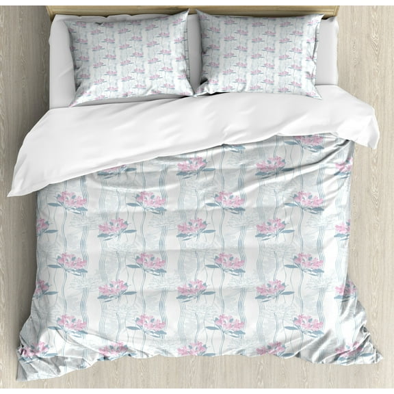 Floral Duvet Cover Set Queen Size, Ornamental Alstroemeria Flowers on Vertical Striped Background, Decorative 3 Piece Bedding Set with 2 Pillow Shams, Blue Grey Pale Pink Baby Pink, by Ambesonne
