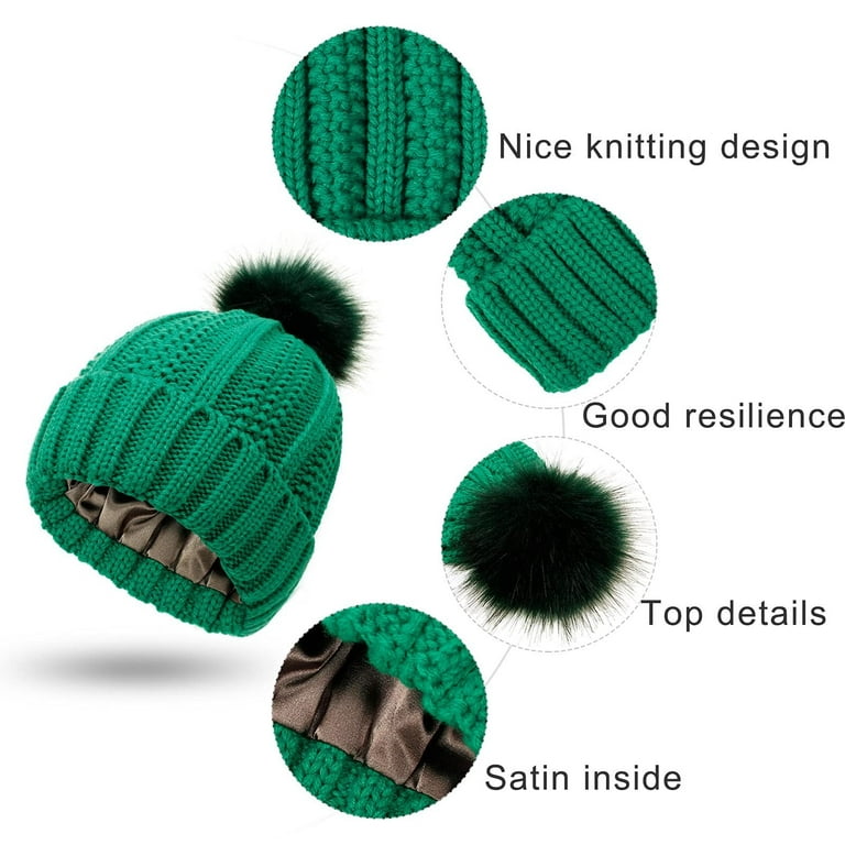 EHTMSAK Beanie Pom Poms Balls Christmas Hats for Women Cable Knit Faux Fur  Pompom Chunky Cable Knit Pompom Soft Warm Hat Green Free Size