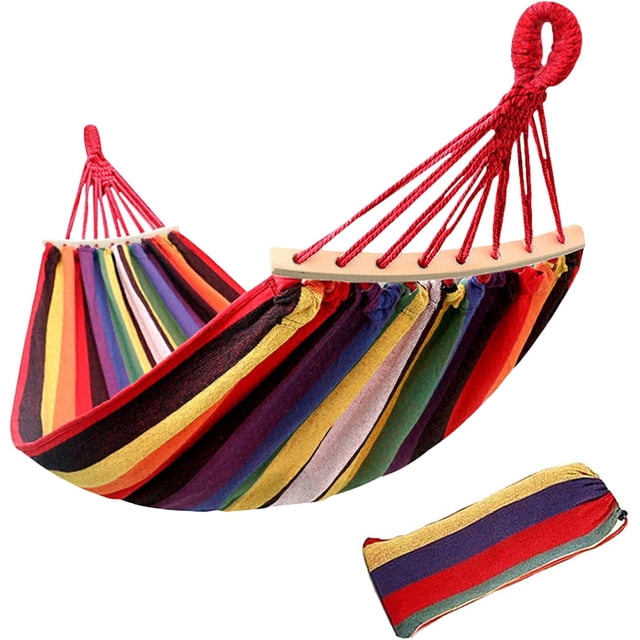 Hamac Portable pour Balançoire de Jardin, Conception de Cadre en Bois Anti-Renversement Matériau Respirant Rayures Rouges, Facile à Transporter Hamac Double Charge Maximale 300 kg 280 x 80 cm