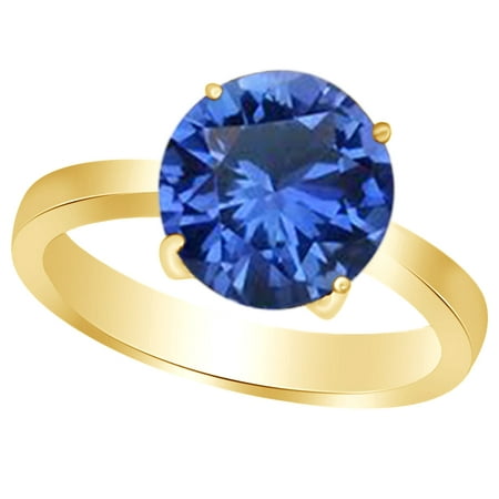 Cut Best Yellow Sapphire - Round-Cut Simulated Blue Sapphire September Birthstone Solitaire Ring In 14K Yellow Gold Over Sterling Silver By Jewel Zone US (3.5 Cttw)