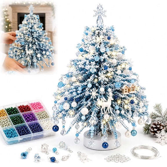 DIY Beaded Christmas Tree Kit with String Lights, Crystal & Pearl Bead Christmas Tree Craft for Adults, Handmade Tabletop Holiday Decor
